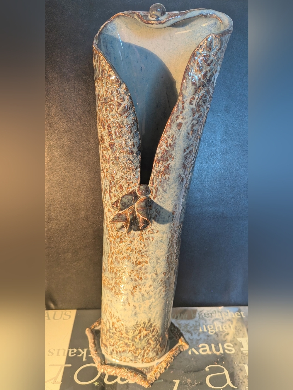 Handmade Textured Ceramic Vase with Leaf Motif - Cream and Brown 13 Inches